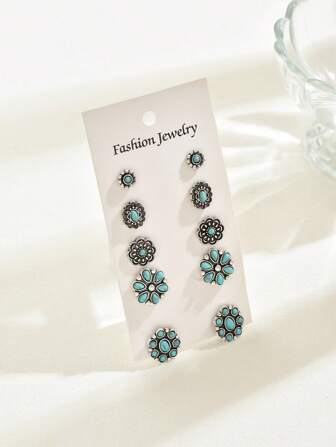 5對/套復古西部牛仔主題的藍寶石＆仙人掌＆牛頭＆花卉設計圈形耳環,為女性特別設計