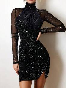 Vestido ajustado con cobertura de cadera. Adecuado para banquete - Negro - Ver 4
