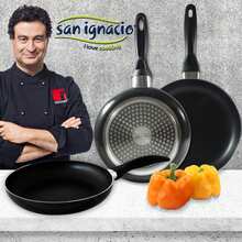 San Ignacio Pfannenset Navy Black Ø16/20/24 cm, gepresstes Aluminium, induktionsgeeignet, mit 4-teiligem Küchenmesser-Set aus Edelstahl und 3-teiligem Küchenutensilien-Set aus Nylon - Verschiedenfarbig - Übersicht 3