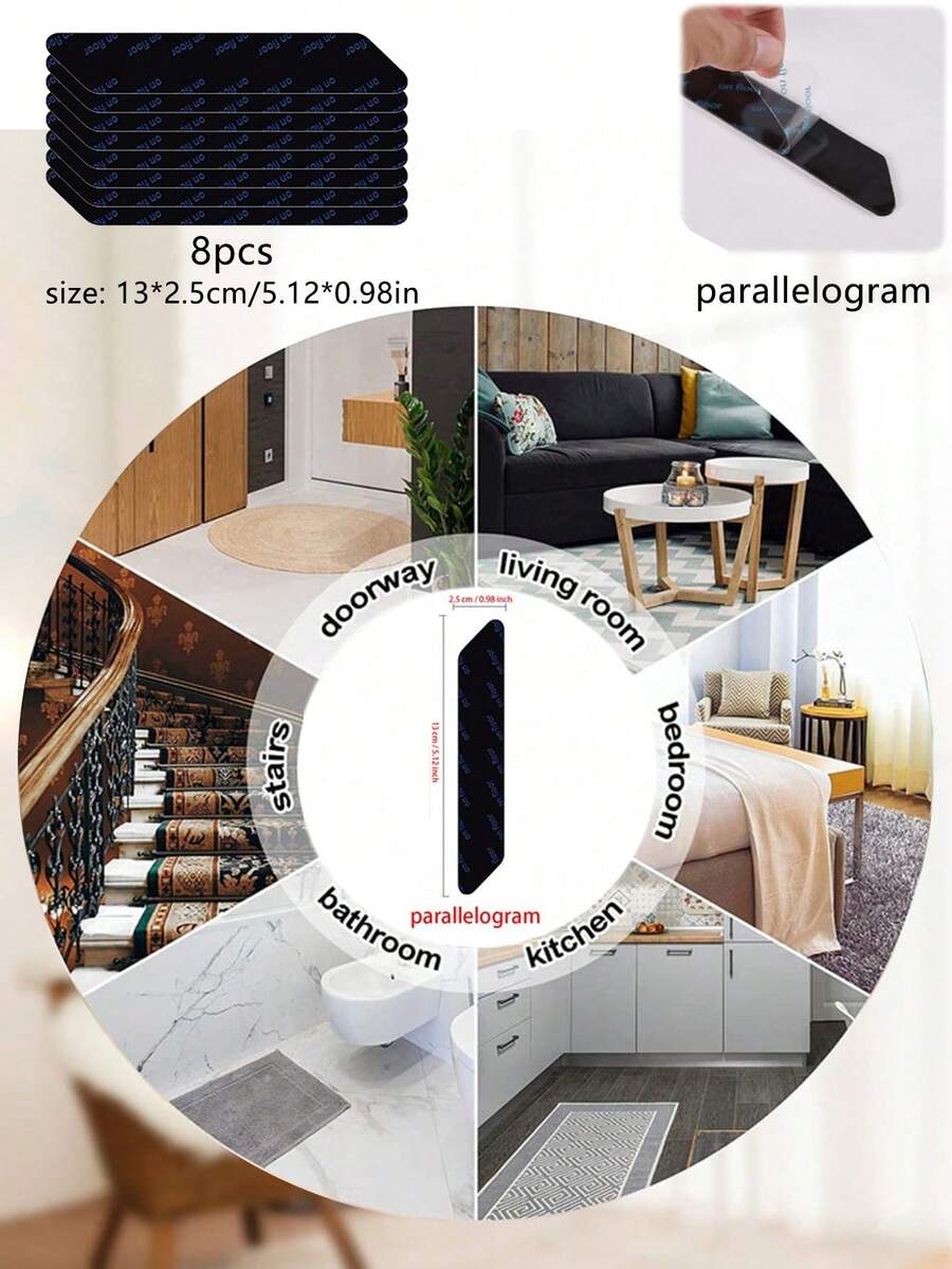 8pcs Black Parallel Rectangle Carpet AntiSlip Sticker, SelfAdhesive