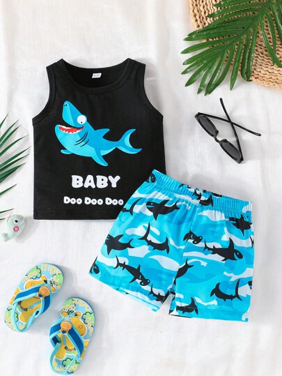 Baby Boy Summer Shark&Letter Print Sleeveless Vest And Shorts Casual Outfit