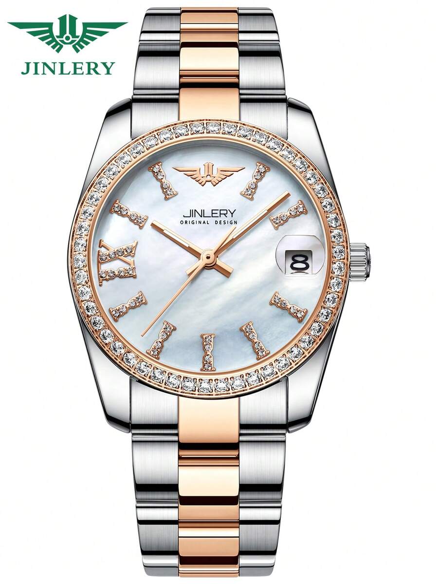 JINLERY Đồng hồ cơ tự động Skeleton dành cho nữ Đồng hồ đeo tay nữ sang trọng có vỏ thanh lịch Mặt số kim cương không gỉ Dây đeo đồng hồ đeo tay 50M Món quà mơ ước của cô gái cho ngày lễ/ngày đặc biệt - Màu be - Xem 1