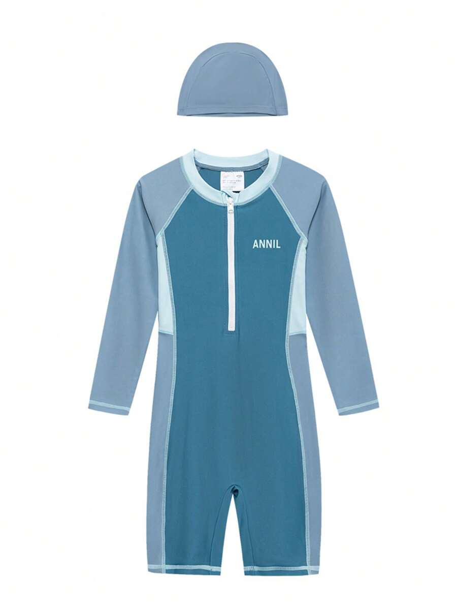 Annil Conjunto de traje de baño de una pieza con mangas largas para niños y niñas, gorro de natación, elástico y cómodo, conservador para el verano