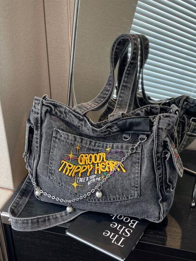 Casual Y2K Style Chic Soft Jeans Tote Bag Street Style Chain Letter Pattern Shoulder Bag Large Capacity Crossbody Bag, School Bag, Portable, Large Capacity, For Teen Girls Women College, Middle School, High School, Outdoors, Outings, Work, Business, Commute, Holiday, Shopping, Preppy Book Bag For Book Week, Large School Tote Bag, Multiple Compartments