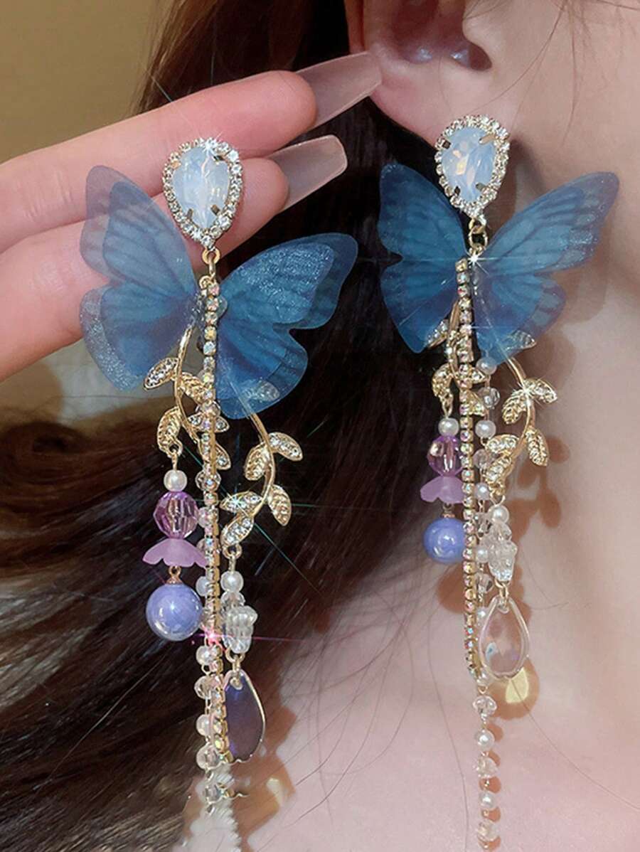 1對超仙優雅藍蝴蝶長流蘇耳環，日常百搭