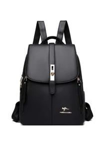 Women's Classic PU Classic Backpack, Fashionable Retro Large-Capacity Double-Sided Zipper Backpack, Multiple Pockets, College Style Backpack, Used In The School Season, Vacation Style Backpack, Suitable For Travel And Vacation, And Use On Campus - Black - View 3