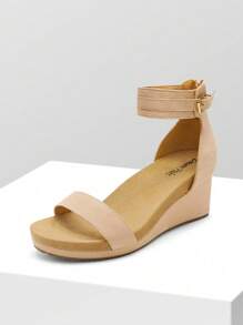 Women's Platform Wedge Sandals Open Toe Buckle Ankle Strapless Sandals Comfortable One-Strap Wood-Grain Bottom Sandals For Valentine's Day Summer Shoes - 杏色 - 查看 2
