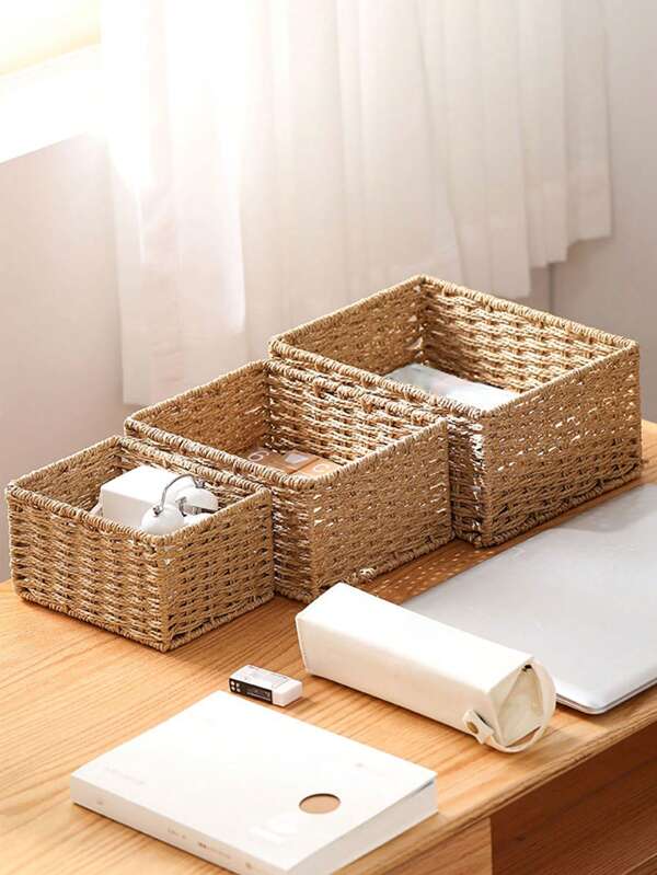 Multi-Size Handmade Woven Storage Basket, Desktop Storage Bin For Dormitory, Office, Bedroom, Living Room, Coffee Table, Cosmetic, Entrance, Woven Storage Box