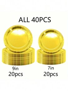 40pcs Disposable Paper Plates, 9-Inch And 7-Inch, Suitable For Wedding And Birthday Parties, Gold/Rose Gold/Silver Colored Dessert Decoration, BBQ/Cake Plate Tableware, Baking Utensils,Christmas