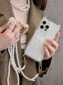 1 pieza Funda protectora con orejas de gato impresas en láser y cadena de perlas decorada con lazo colorido - Multicolor - Ver 2