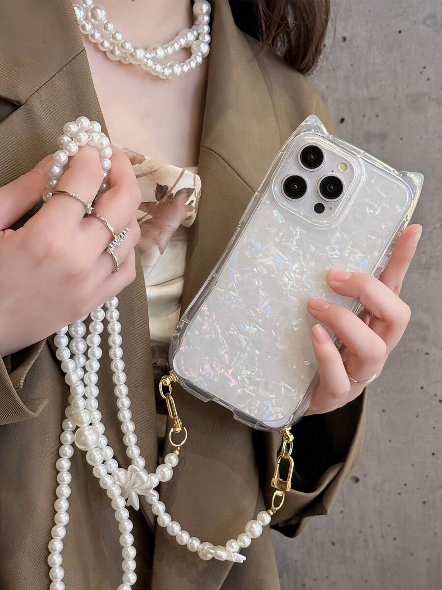1 pieza Funda protectora con orejas de gato impresas en láser y cadena de perlas decorada con lazo colorido