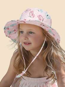 2pcs Kids Solid Color And Butterfly Print Adjustable Sun Protection Breathable Casual Bucket Hats For Outdoor Travel And Daily Use - Multicolor - View 2