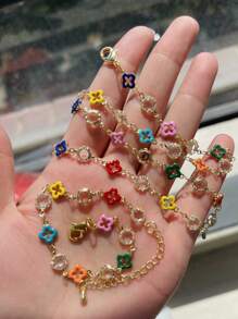 2pcs/Set Fashionable Sweet Copper-Inlaid Zirconia Oil Drop Flower Four-Leaf Clover Pearl Bracelet And Necklace Women's Jewelry Gift Elegant For Daily Wear, Gatherings, Holidays, Dates, Parties Versatile Accessory Set(Four-Leaf Clover Color Is Random) - Hollow Four-leaf Clover Set - View 2