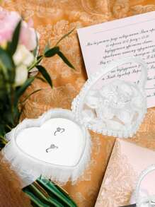 1 件结婚戒指枕、迷你花童手持心形戒指枕、爱心水晶镶嵌、求婚订婚戒指盒、花边蝴蝶结戒指架首饰盒