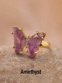 1枚金色水晶戒指，天然宝石蝴蝶戒指，女士款，紫水晶、青金石、粉晶，可调节订婚戒指 H125