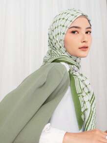 115*115cm尺寸雪紡Keffiyeh方巾頭巾伊斯蘭阿拉伯頭部頸部圍巾頭巾印尼流行的妮賈馬來西亞Turban時裝穆斯林女士圍巾頭巾，頭帶，頭箍，可理想地打扮你的造型 - 綠色 - 查看 2