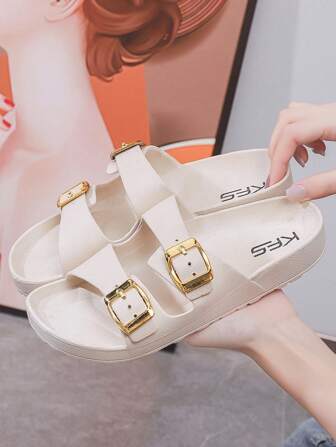 Double Buckle Lightweight Anti-Slip Women's Beach Shoes, 2024 New Thick-Soled Casual Slippers, Elevated Outdoor Flip-Flops