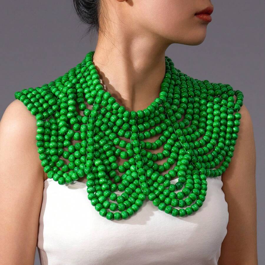 1pc Exaggerated Women's Multi-Color Bohemian Wood Beaded Shawl Necklace For Party Accessories