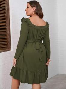 Women's Plus Size A Line High Waist Ruffle Square Neck Belted Long Sleeve Dress Midi Dress With Belted - 軍綠色 - 查看 5