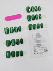 Monina 24入組綠色珠光方形貼片指甲 | 反光閃爍貓眼 | 閃閃發亮的美甲裝飾 - 綠色 - 查看 11