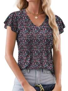 Women's V-Neck Ruffle Sleeve Casual T-Shirt - Red - View 1