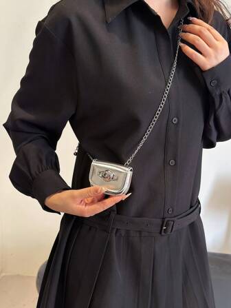 女士超小型迷你包，漆皮，亮面 PU，小方包，链条，斜挎包