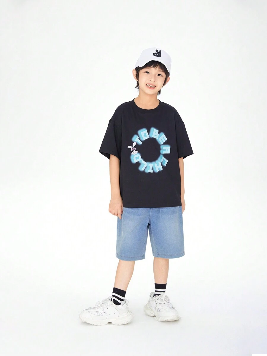 Annil 男童圆领短袖针织衫夏季休闲宽松T恤百搭 - 黑色 - 查看 1