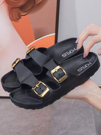 Double Buckle Lightweight Anti-Slip Beach Sandals For Women, 2024 New Thick Bottom Casual Slippers Increase Height Slides For Outside