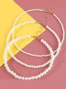 3pcs/Set White Minimalist Ombre Pearl Beaded Necklace Set, Elegant Style Suitable For Girl's Party, Banquet, Wedding Wearing