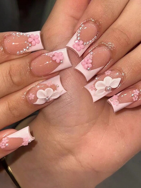 24 Pcs Of Medium-Length Square Press On Nails Gift Boxed Classic White French Edge 3D Three-Dimensional Petals Pink Five-Petal Flower White Pearl Graduation Season, Homecoming Season, The Party Essential Models Of False Nails With Jelly Glue 1 Piece Of Filing 1 Strip