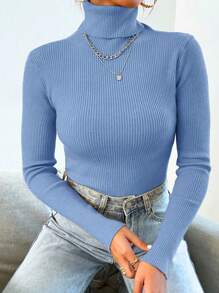 Women's Long Sleeve Knitted Blouse, Winter Sweater,  Fashion! - 淺藍色 - 查看 2