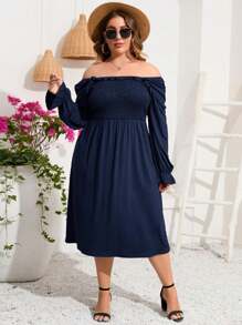 Women Plus Size Casual Dress Pleated Square Neck Long Sleeve Plaid Dress - 藏蓝色 - 查看 2