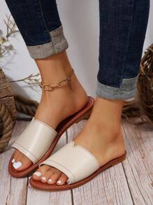 Chaussons plats décontractés pour femmes, chaussons antidérapants à bout rond et ouvert, sandales de plage extérieures - Beige - Voir 3