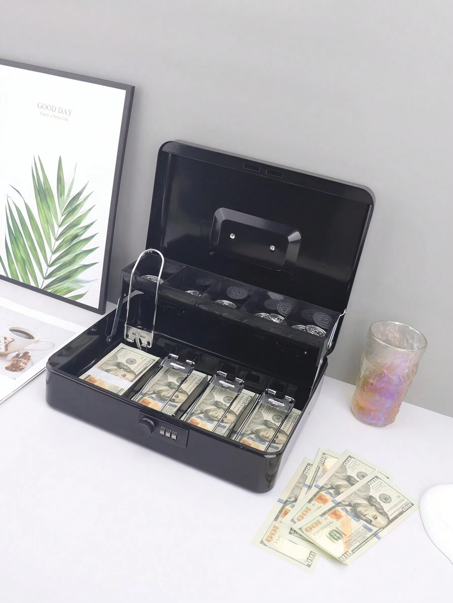 1pc Black Password Style Cash Drawer With Coin Tray And Bill Clip, Metal Cash Register Insert For Retail, Supermarket And Convenience Store Portable Money Box - Large Size - Black - View 1