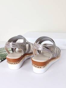 Plus Size Wide Last Wedge Heeled  Rope Thick-Soled High-Heeled Sandals, Summer, Loose Mouth With Elastic Crisscross Strap Casual Holiday Style High-Heeled Thick-Soled Sandals
