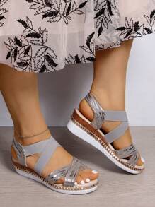 Plus Size Wide Last Wedge Heeled  Rope Thick-Soled High-Heeled Sandals, Summer, Loose Mouth With Elastic Crisscross Strap Casual Holiday Style High-Heeled Thick-Soled Sandals