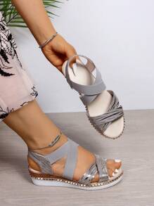 Plus Size Wide Last Wedge Heeled  Rope Thick-Soled High-Heeled Sandals, Summer, Loose Mouth With Elastic Crisscross Strap Casual Holiday Style High-Heeled Thick-Soled Sandals