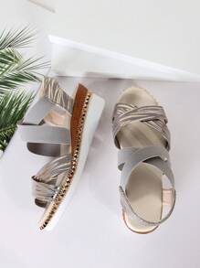 Plus Size Wide Last Wedge Heeled  Rope Thick-Soled High-Heeled Sandals, Summer, Loose Mouth With Elastic Crisscross Strap Casual Holiday Style High-Heeled Thick-Soled Sandals