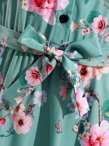 Vestido de manga larga y cintura ceñida con estampado floral, transpirable, para niña preadolescente