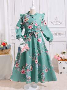 Vestido de manga larga y cintura ceñida con estampado floral, transpirable, para niña preadolescente