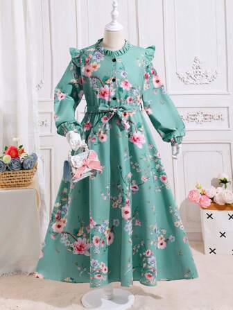 青少年女孩透气长袖花卉印花束腰连衣裙
