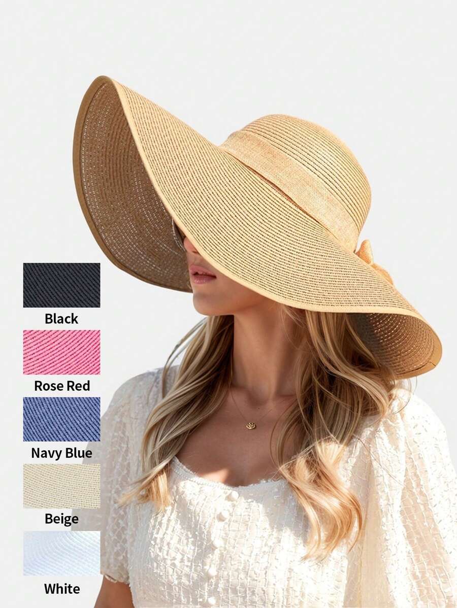 1Pc Women's Super Wide Brim Straw Hat,Bow Decor Sun Hat, Uv Protection Foldable Beach Hat ,Vacation Style - Khaki - View 1