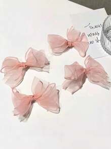 2pcs Super Fairy Mesh Bow Hair Clips Valentine's Day Claw Clips Hair Claws Hair Barrettes, School Stuff, Hair Accessories, Head Accessories - Beige - View 7