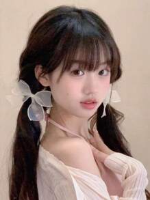 2pcs Super Fairy Mesh Bow Hair Clips Valentine's Day Claw Clips Hair Claws Hair Barrettes, School Stuff, Hair Accessories, Head Accessories - Beige - View 5