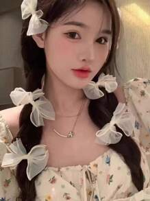 2pcs Super Fairy Mesh Bow Hair Clips Valentine's Day Claw Clips Hair Claws Hair Barrettes, School Stuff, Hair Accessories, Head Accessories - Beige - View 3