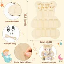 1PC Wooden Newborn Calendar Card Frame, Milestone Picture Frame For The First Year, Wooden Bear Shaped Baby Commemorative Picture Frame Baby Shower Family Decorations Gifts Baby Shower Easter Gift Things For Girls/Boys