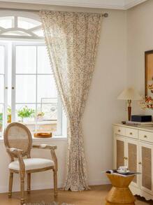 1pc Rustic Floral Curtain, Rectangular With Tassels Decor, Semi-Sheer Pole Top Curtain, Suitable For Bedroom, Living Room, Kitchen, Balcony, Patio, Study, Dining Room, Room Divider, Indoor Home Decor, All Season