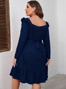 Women's Plus Size A Line High Waist Ruffle Square Neck Belted Long Sleeve Dress Midi Dress With Belted - 藏蓝色 - 查看 5