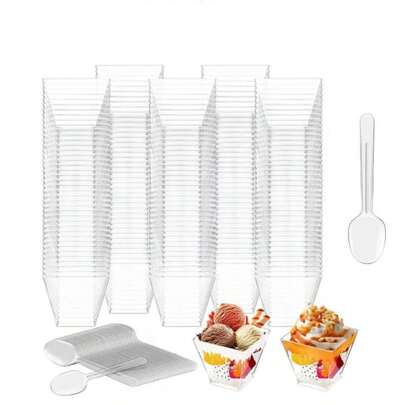 100pcs (50 Cups + 50 Spoons) 2oz Square Mousse Cup With Spoon Set, 60ml PS Plastic Mini Size Dessert Cup'