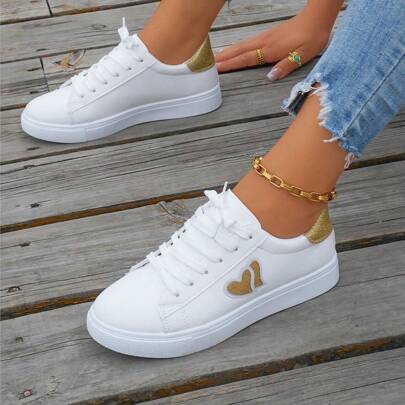 Women's White Heart Shaped Fashionable Comfortable Elegant Flat Casual Shoes, All-Match Style